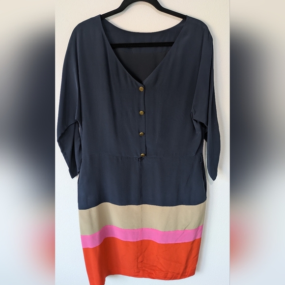 Eliza J NEW  100 % Silk Colorblock Crepe De Chine Navy Dress Belt Sz10 Knee Leng - Picture 9 of 13